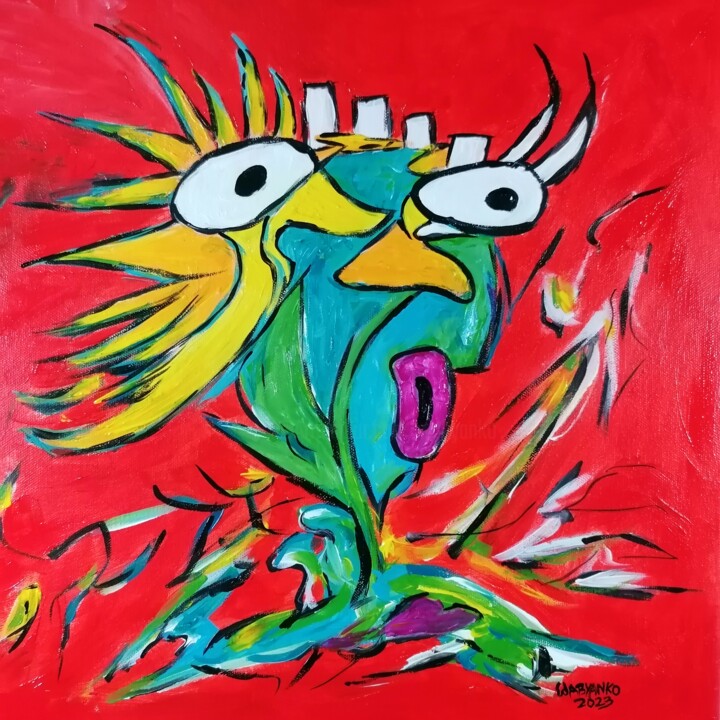 제목이 "Oiseau dans ma tête"인 미술작품 Wabyanko로, 원작, 아크릴 나무 들것 프레임에 장착됨
