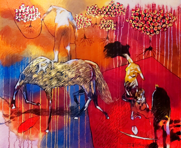 Pintura titulada "The Golden Horse" por Wael Darwesh, Obra de arte original, Acrílico