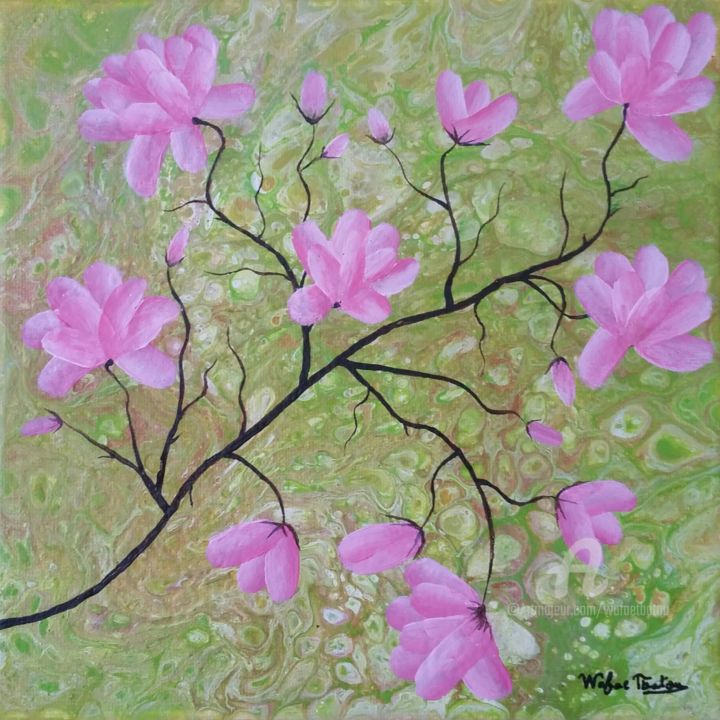 Painting titled "Floral 2" by Wafae Tbatou, Original Artwork, Acrylic Mounted on Wood Stretcher frame