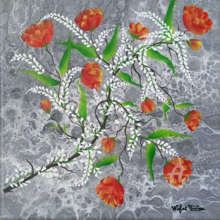 Painting titled "Floral 4" by Wafae Tbatou, Original Artwork, Acrylic Mounted on Wood Stretcher frame