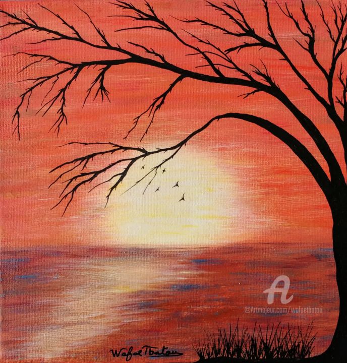 Painting titled "Coucher de soleil 2" by Wafae Tbatou, Original Artwork, Acrylic Mounted on Wood Stretcher frame