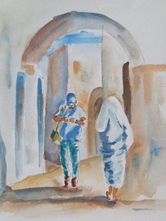 Peinture intitulée "Tunisian medina" par Wahib Marghli, Œuvre d'art originale, Aquarelle