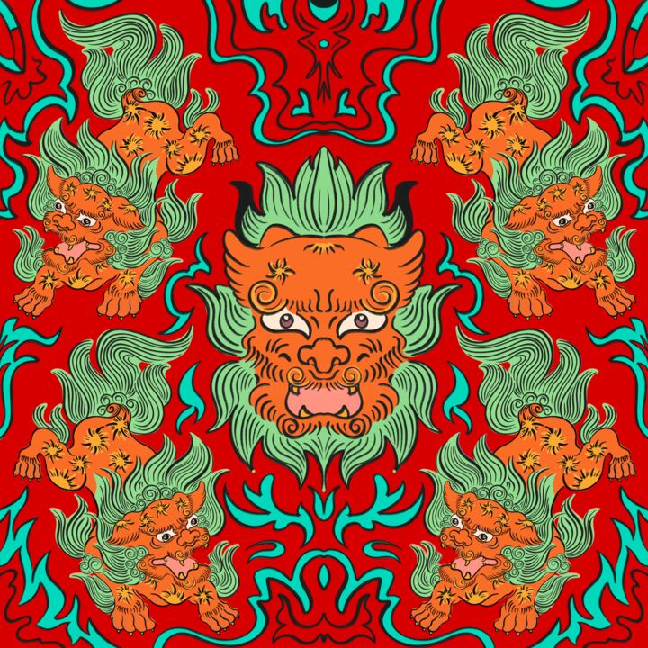 Digital Arts titled "Lion fire red" by Yuk Wa Yu, Original Artwork, Digital Painting