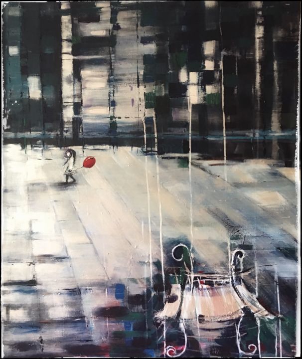 Painting titled "Le voyage du ballon…" by Marzena Walczuk, Original Artwork, Acrylic Mounted on Wood Panel