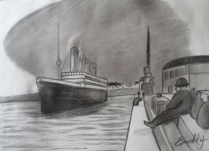 Zeichnungen mit dem Titel "Titanic Departure 1" von Brooklyn, Original-Kunstwerk, Bleistift