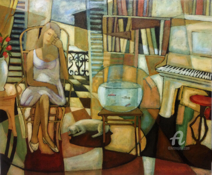 Pintura intitulada "A Mulher e o Aquári…" por Waldomiro Sant´Anna, Obras de arte originais, Acrílico
