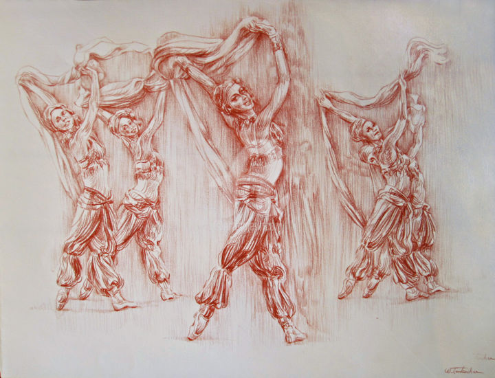 Drawing titled "La danse aux foular…" by Walid Lemkecher, Original Artwork, Pencil