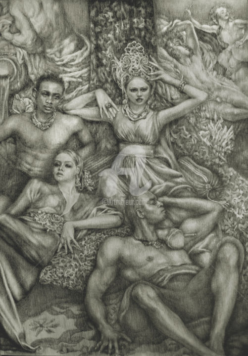 Dessin intitulée "Au royaume des âmes…" par Walid Lemkecher, Œuvre d'art originale, Crayon