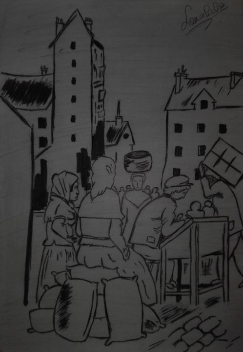 Dessin intitulée "Marché Parisien du…" par Monsterart, Œuvre d'art originale, Crayon