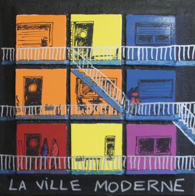 Painting titled "La ville moderne" by Wally, Original Artwork, Acrylic