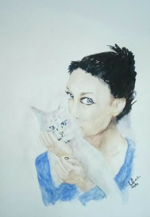 Drawing titled "Girl and cat" by Walter Amorim, Original Artwork, Pencil
