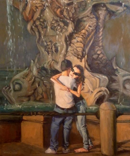 Painting titled "At The Fountain" by Wanchuan Kesler, Original Artwork, Oil