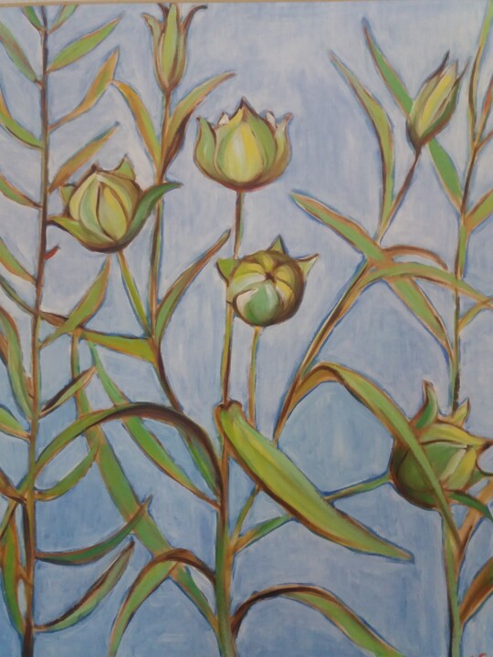 Painting titled "Fleurs du lin" by Wanda Dorota Ozieranska, Original Artwork, Oil Mounted on Wood Stretcher frame