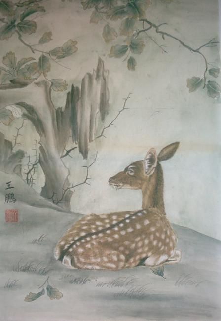 Painting titled "鹿" by Wang Peng, Original Artwork, Oil
