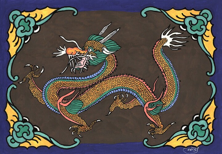 Peinture intitulée "Dancheong, Dragon,…" par Mf Arts-Créations, Œuvre d'art originale, Craie
