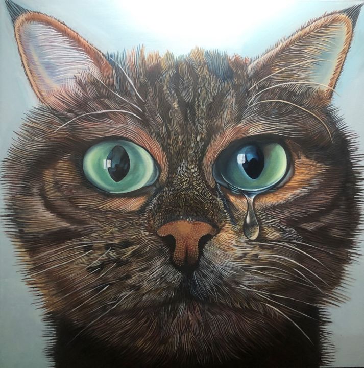 Drawing titled "Sad stray cat" by Yan Wang, Original Artwork, Oil