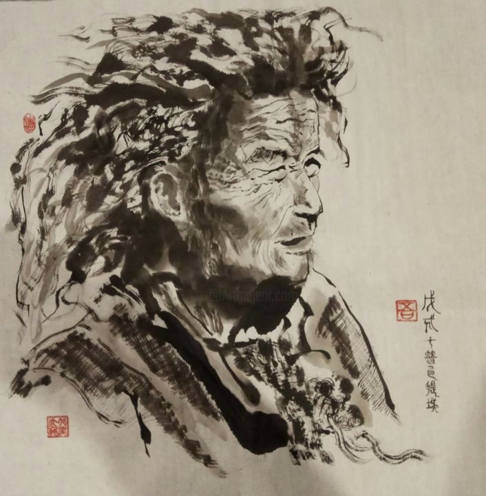 Картина под названием "Esclave tibetain en…" - Zongnan Wang, Подлинное произведение искусства, Чернила