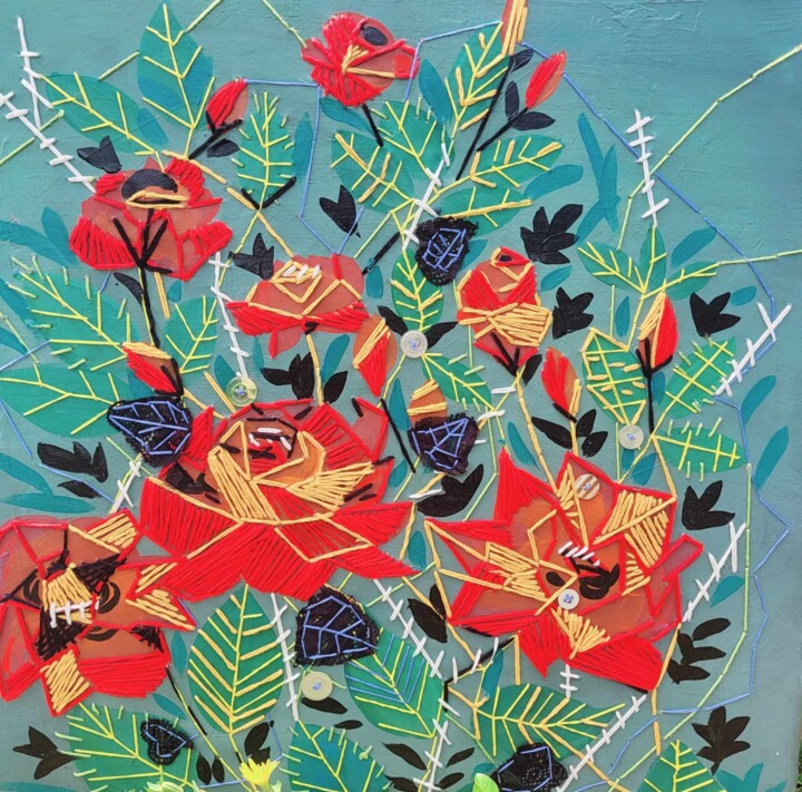 Pintura intitulada "rose selvatiche" por Wankanok Nuchangphuak, Obras de arte originais, Acrílico