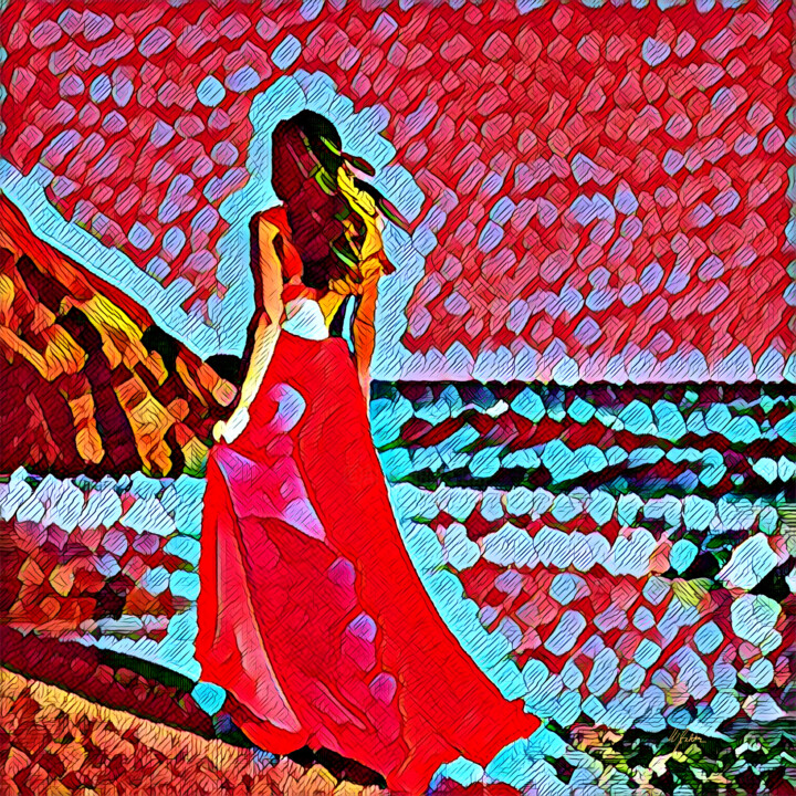 Digital Arts titled "Beach Girl in Red" by Wannott Bakker, Original Artwork, 2D Digital Work