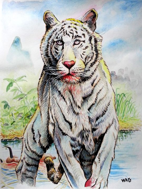 Peinture intitulée "tiger-hunt-1.jpeg" par Robert Décurey, Œuvre d'art originale, Aquarelle