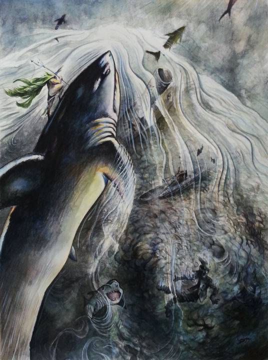 Painting titled "Shark 2" by Robert Décurey, Original Artwork, Watercolor