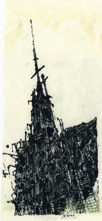 「Turmbau zu Babel (1)」というタイトルの描画 Stephan Rodriguez Warnemündeによって, オリジナルのアートワーク, インク