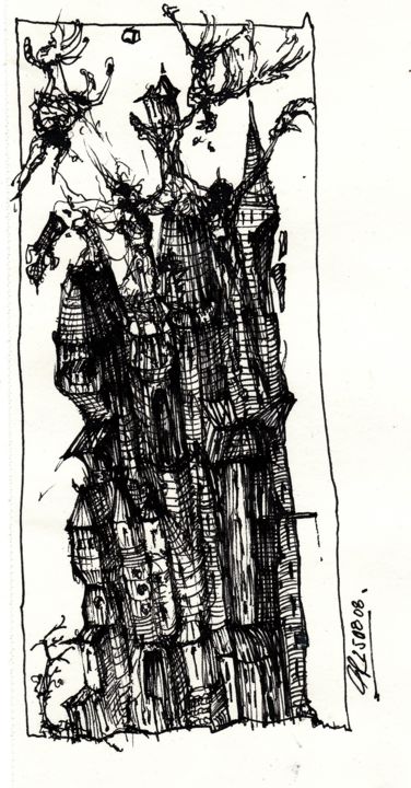 「Turmbau zu Babel (2)」というタイトルの描画 Stephan Rodriguez Warnemündeによって, オリジナルのアートワーク, インク