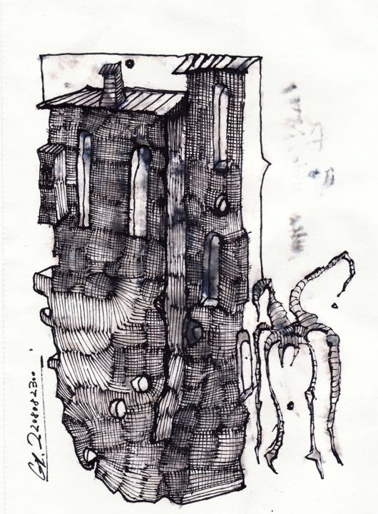 Drawing titled "Haus der Spinne" by Stephan Rodriguez Warnemünde, Original Artwork, Ink
