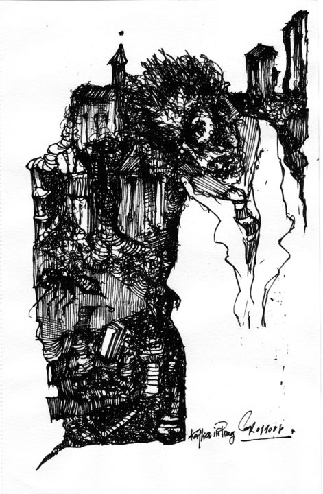 「Kafka in Prag」というタイトルの描画 Stephan Rodriguez Warnemündeによって, オリジナルのアートワーク, インク