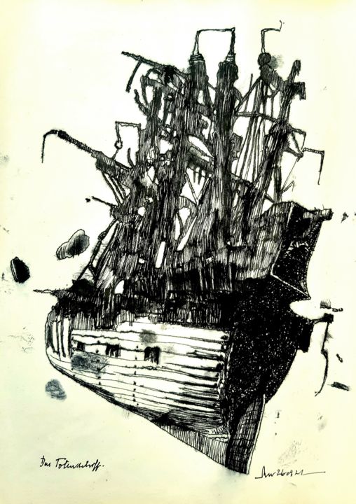 Dessin intitulée "Das Totenschiff (4)" par Stephan Rodriguez Warnemünde, Œuvre d'art originale, Encre