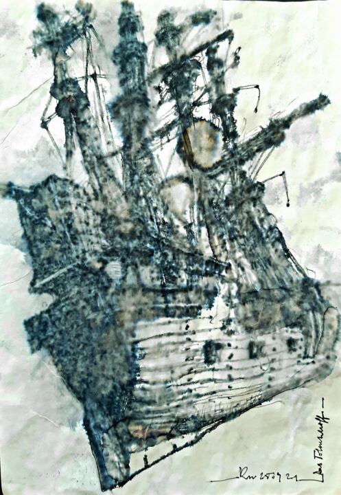 Zeichnungen mit dem Titel "Das Totenschiff (6)" von Stephan Rodriguez Warnemünde, Original-Kunstwerk, Tinte