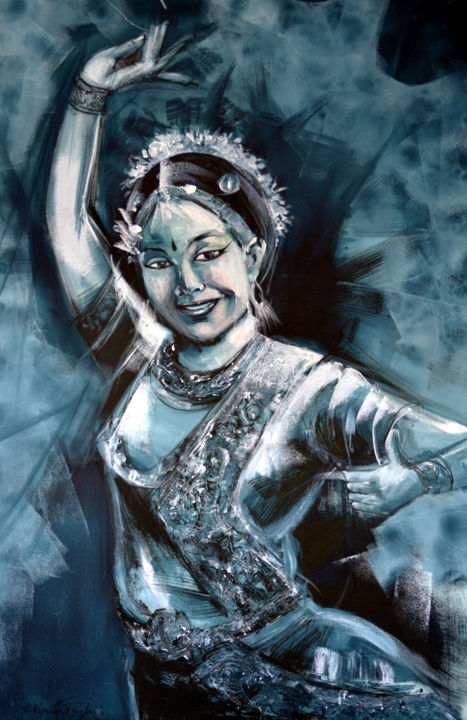 Schilderij getiteld "Dancing Queen" door Wasantha Ranjan, Origineel Kunstwerk, Acryl Gemonteerd op Frame voor houten brancard