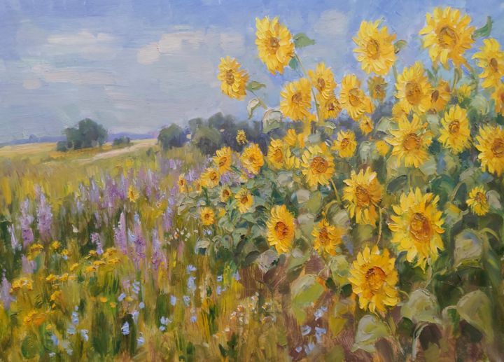 Schilderij getiteld "sunflowers" door Vasiliy Nesterov, Origineel Kunstwerk, Olie Gemonteerd op Frame voor houten brancard