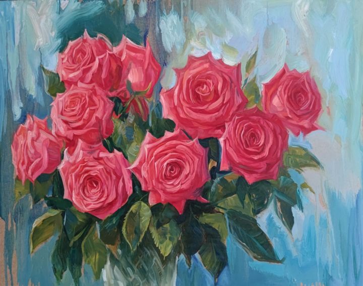 Painting titled "Red roses Painting" by Vasiliy Nesterov, Original Artwork, Oil
