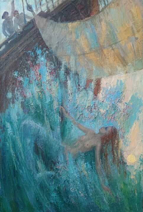 Painting titled "Mermaid" by Vasiliy Nesterov, Original Artwork, Oil Mounted on Wood Stretcher frame