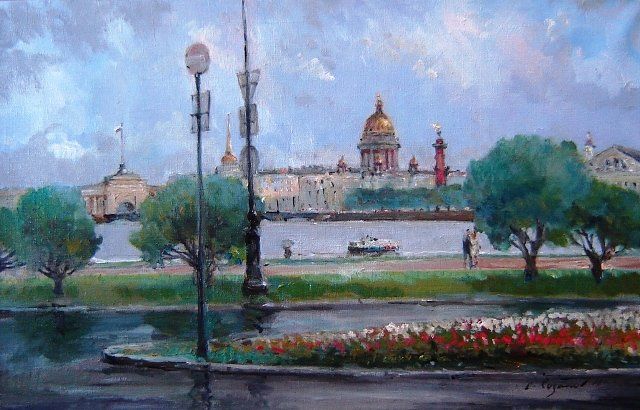 Painting titled "Нева" by Aleksandr Rusanov, Original Artwork, Oil