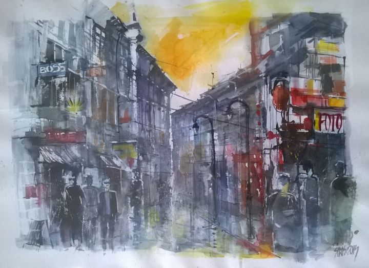 Painting titled "Downtown" by Watercolorist Lorand Sipos, Original Artwork, Watercolor
