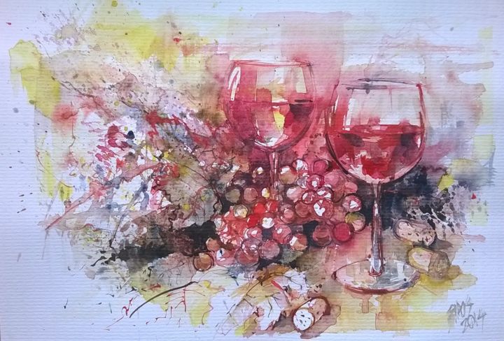 Painting titled "Still life with red…" by Watercolorist Lorand Sipos, Original Artwork, Watercolor