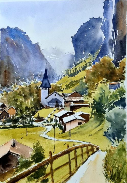 Картина под названием "Swiss village under…" - Watervrush, Подлинное произведение искусства, Акварель