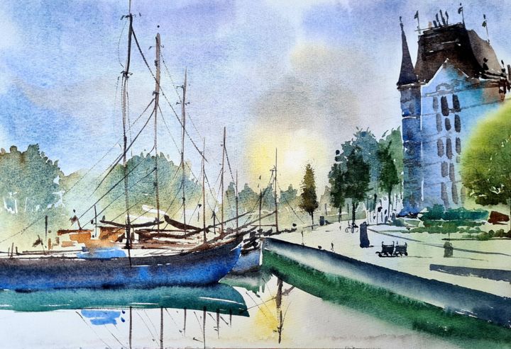 Pintura titulada "Dawn at Rotterdam" por Watervrush, Obra de arte original, Acuarela
