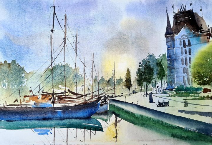 Schilderij getiteld "Dawn at Rotterdam" door Watervrush, Origineel Kunstwerk, Aquarel