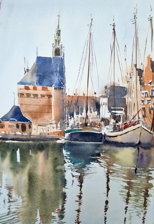 Schilderij getiteld "Dutch water vessels…" door Watervrush, Origineel Kunstwerk, Aquarel