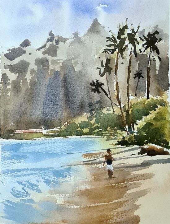 Painting titled "Calm beach, Hawaii" by Watervrush, Original Artwork, Watercolor