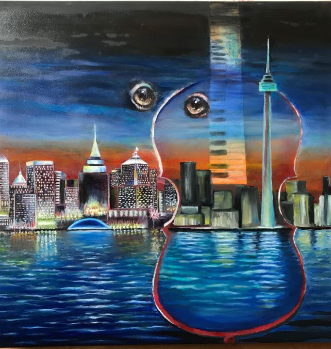 Painting titled "Night city." by Valery, Original Artwork, Oil