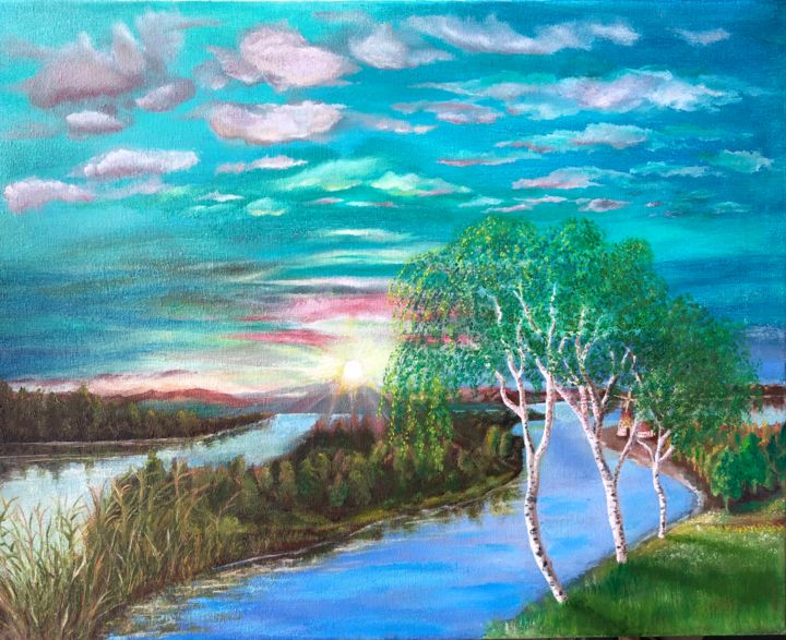 Painting titled "SUNSET ON RIVER" by Valery, Original Artwork, Oil