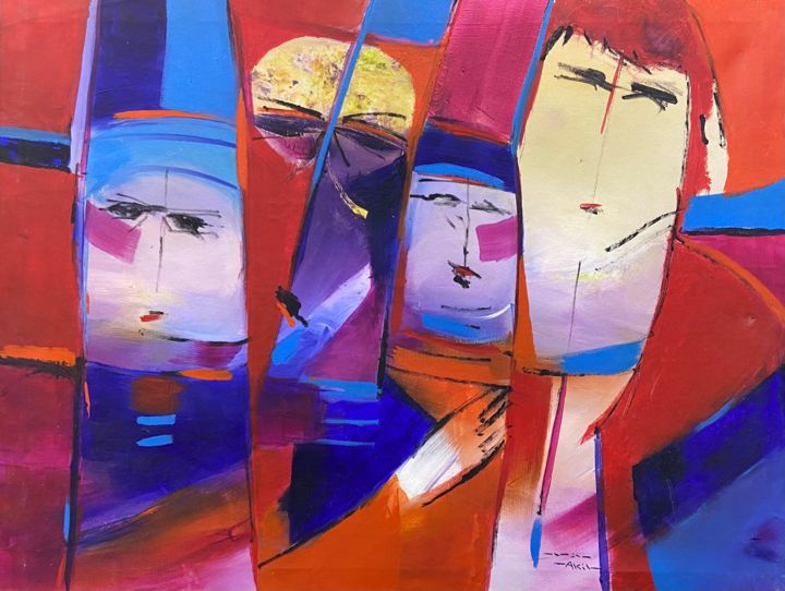 Malerei mit dem Titel "Judgemental Faces" von Wazzan Sa, Original-Kunstwerk, Acryl