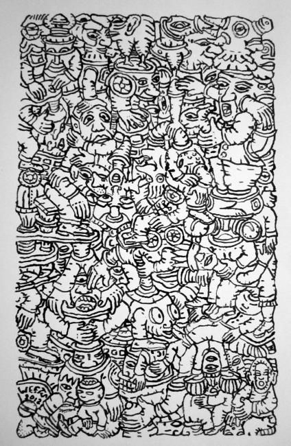 Elevated - Drawing, 44x24 cm ©2012 by Eric G. C. Weets -
Contemporary painting, Paper, Fantasy, Black ink drawing on paper, titled, "Elevated". reproduction, self taught, line drawing, black and white, surrealism, Belgium