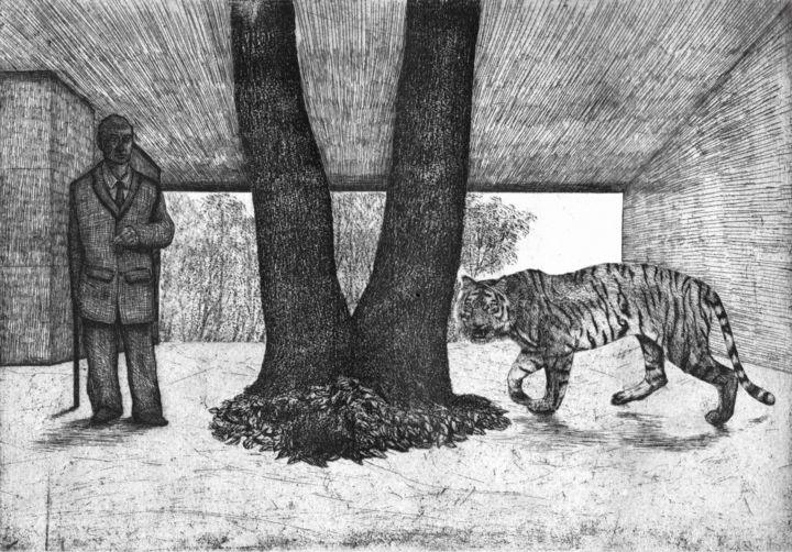 Incisioni, stampe intitolato "foreste-tiger-uomo.…" da Wei Jiang, Opera d'arte originale, Acquaforte