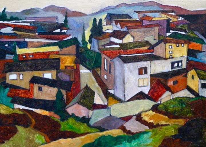 Painting titled "Red Village" by Wei Pan, Original Artwork, Oil