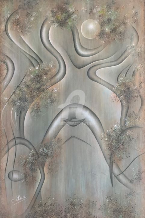 Malerei mit dem Titel "Douces branches" von Claudine Lux, Original-Kunstwerk, Acryl Auf Holzplatte montiert